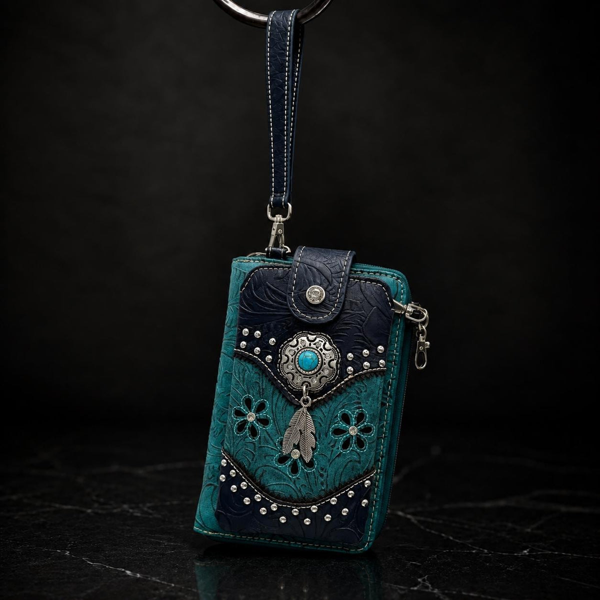 Western Phone Crossbody Bag, Teal Faux Leather Cowgirl Purse, Small Crossbody Wallet, Turquoise Concho Cell Phone Bag