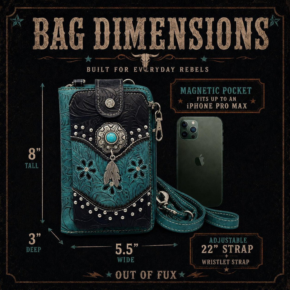 Western Phone Crossbody Bag, Teal Faux Leather Cowgirl Purse, Small Crossbody Wallet, Turquoise Concho Cell Phone Bag