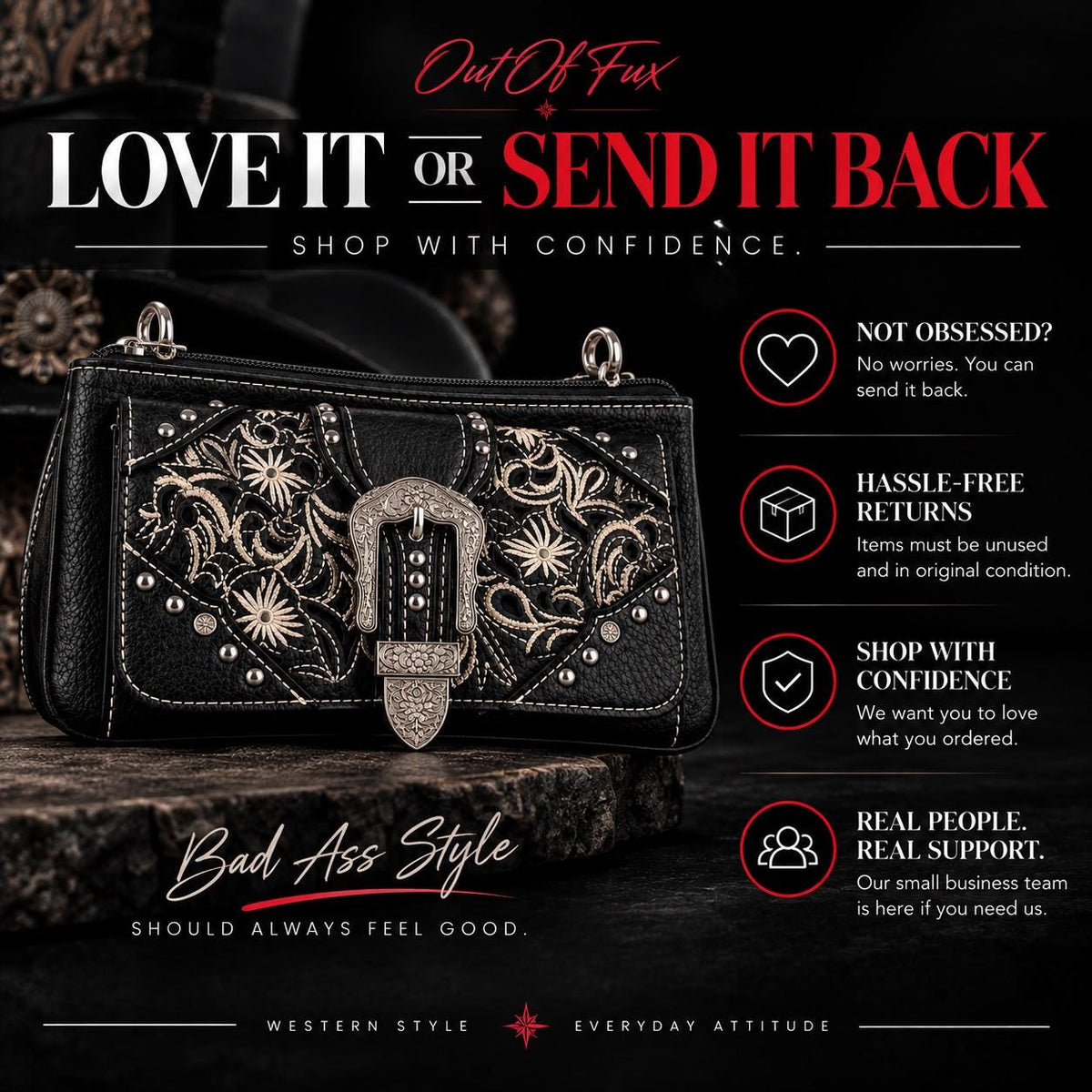 Black Western Buckle Bag: Faux Leather Cowgirl Crossbody for Concerts and Everyday Style