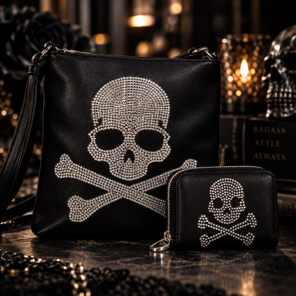 Rhinestone Skull Purse Set: Black Faux Leather Bag and Wallet Combo