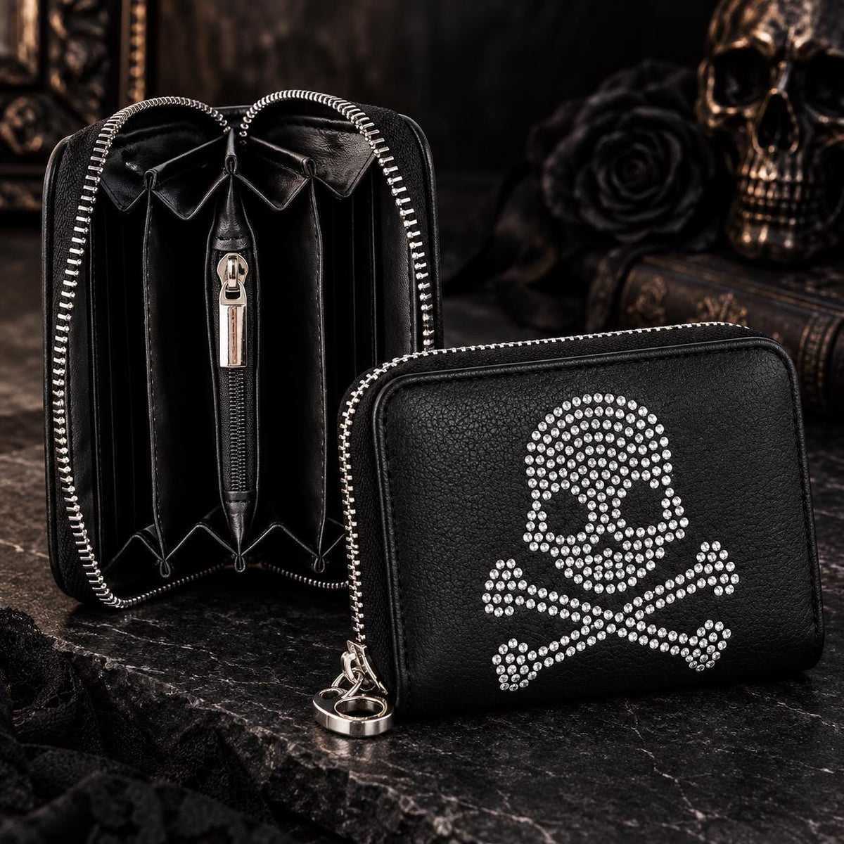 Skull Crossbody Bag & Wallet Set, Rhinestone Gothic Purse, Black Faux Leather Skull Handbag, Goth Gift for Her