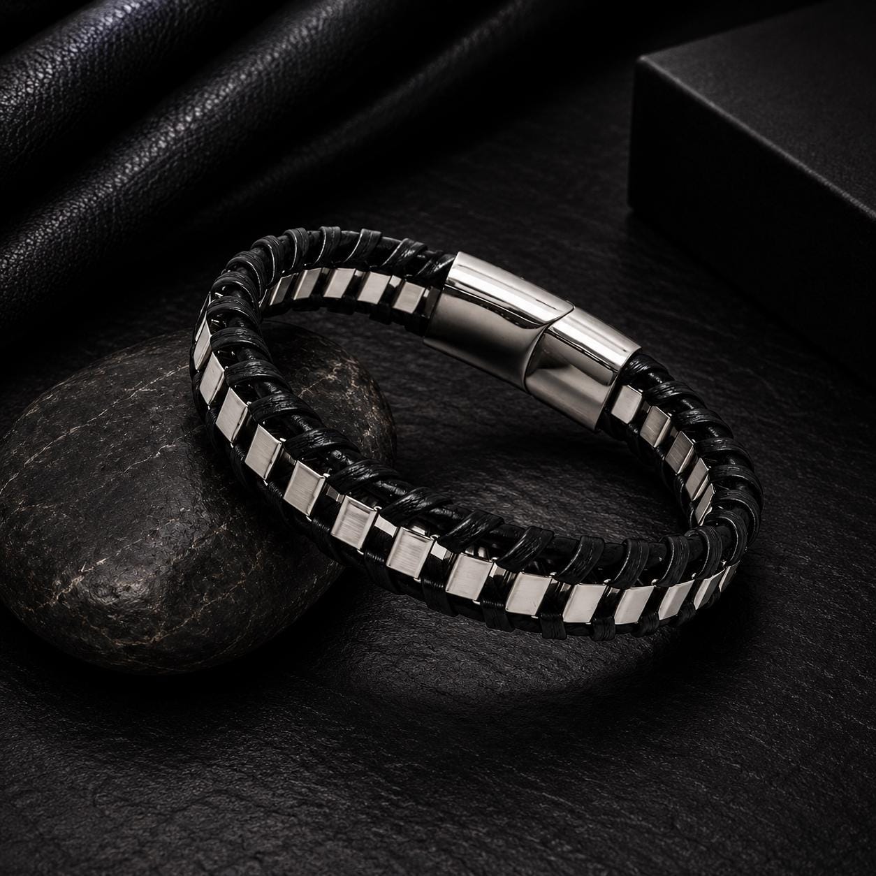 Men's Leather Bracelet, Stainless Steel Magnetic Clasp, 13mm Braided Faux Leather, Gold Silver or Black, Everyday Men's Jewelry