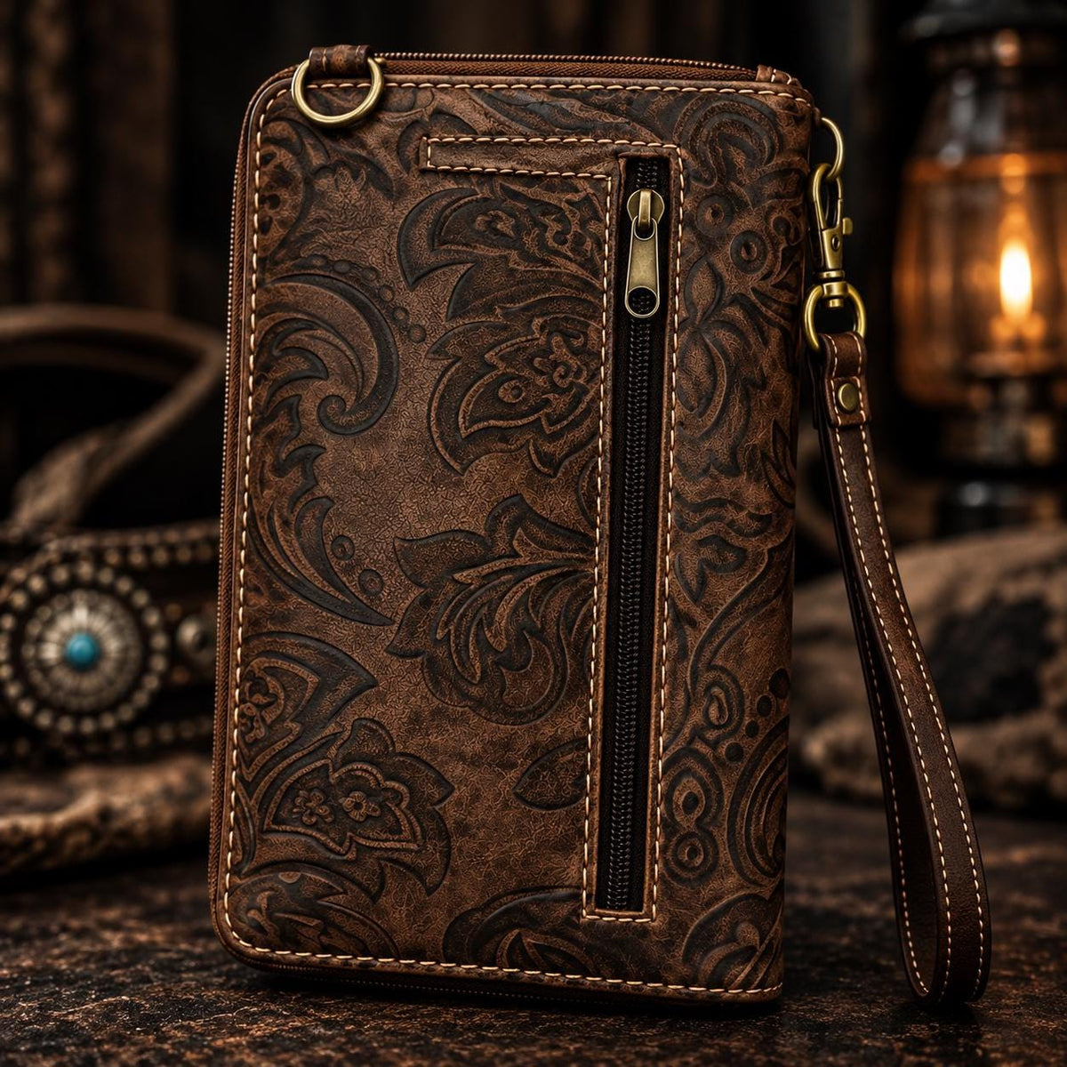 Brown Tooled Leather Crossbody Bag with Turquoise Stone Accent