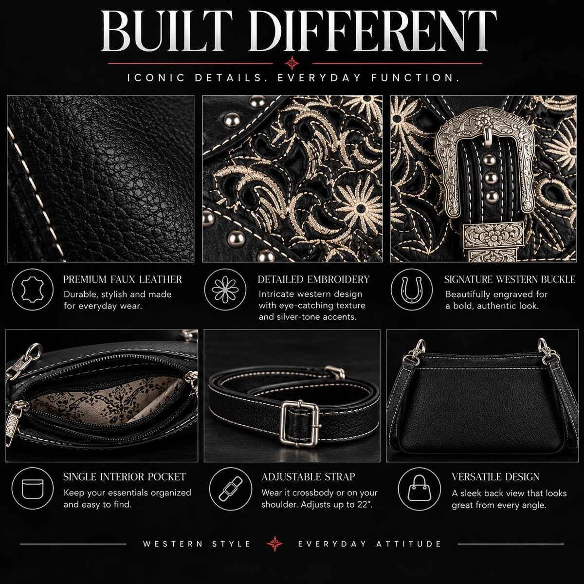 Black Western Buckle Bag: Faux Leather Cowgirl Crossbody for Concerts and Everyday Style