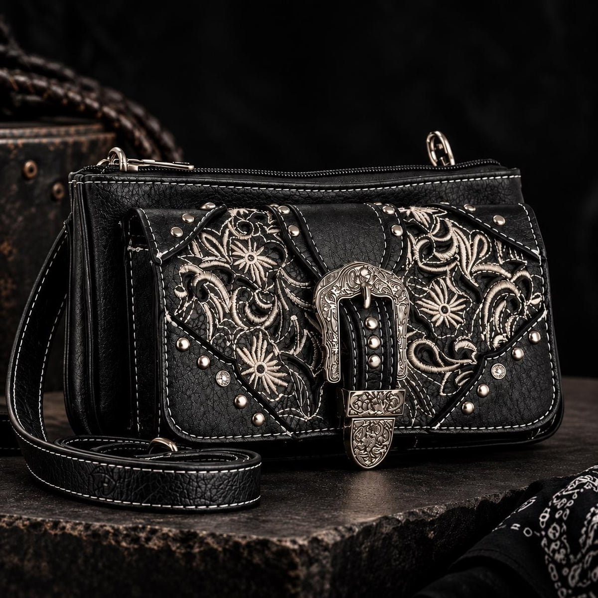 Black Western Buckle Bag: Faux Leather Cowgirl Crossbody for Concerts and Everyday Style