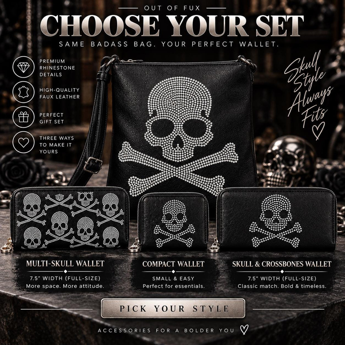 Rhinestone Skull Purse Set: Black Faux Leather Bag and Wallet Combo