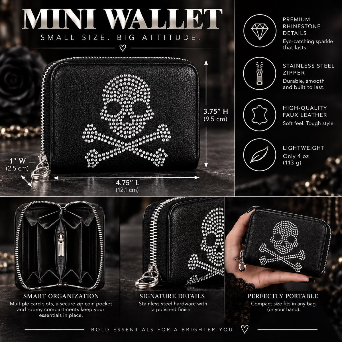 Skull Crossbody Bag & Wallet Set, Rhinestone Gothic Purse, Black Faux Leather Skull Handbag, Goth Gift for Her