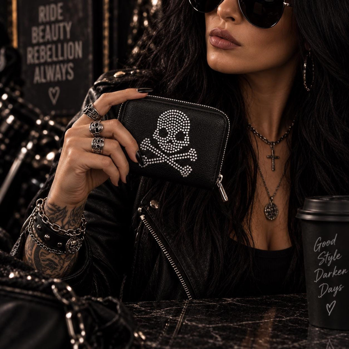 Skull Crossbody Bag & Wallet Set, Rhinestone Gothic Purse, Black Faux Leather Skull Handbag, Goth Gift for Her