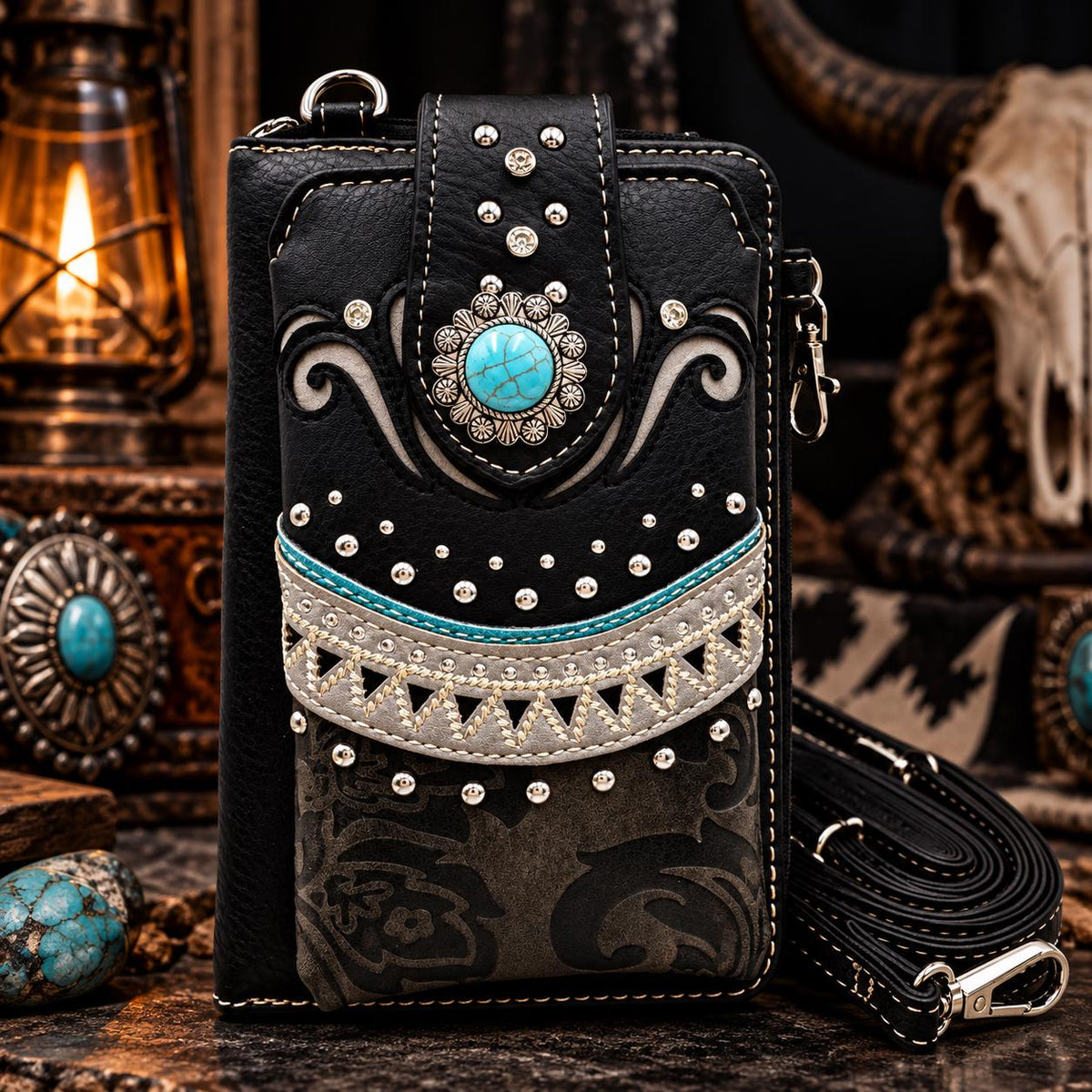 Western Phone Wallet Crossbody – Black Turquoise Cowgirl Bag