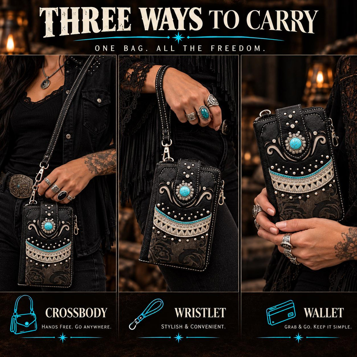 Western Phone Wallet Crossbody – Black Turquoise Cowgirl Bag