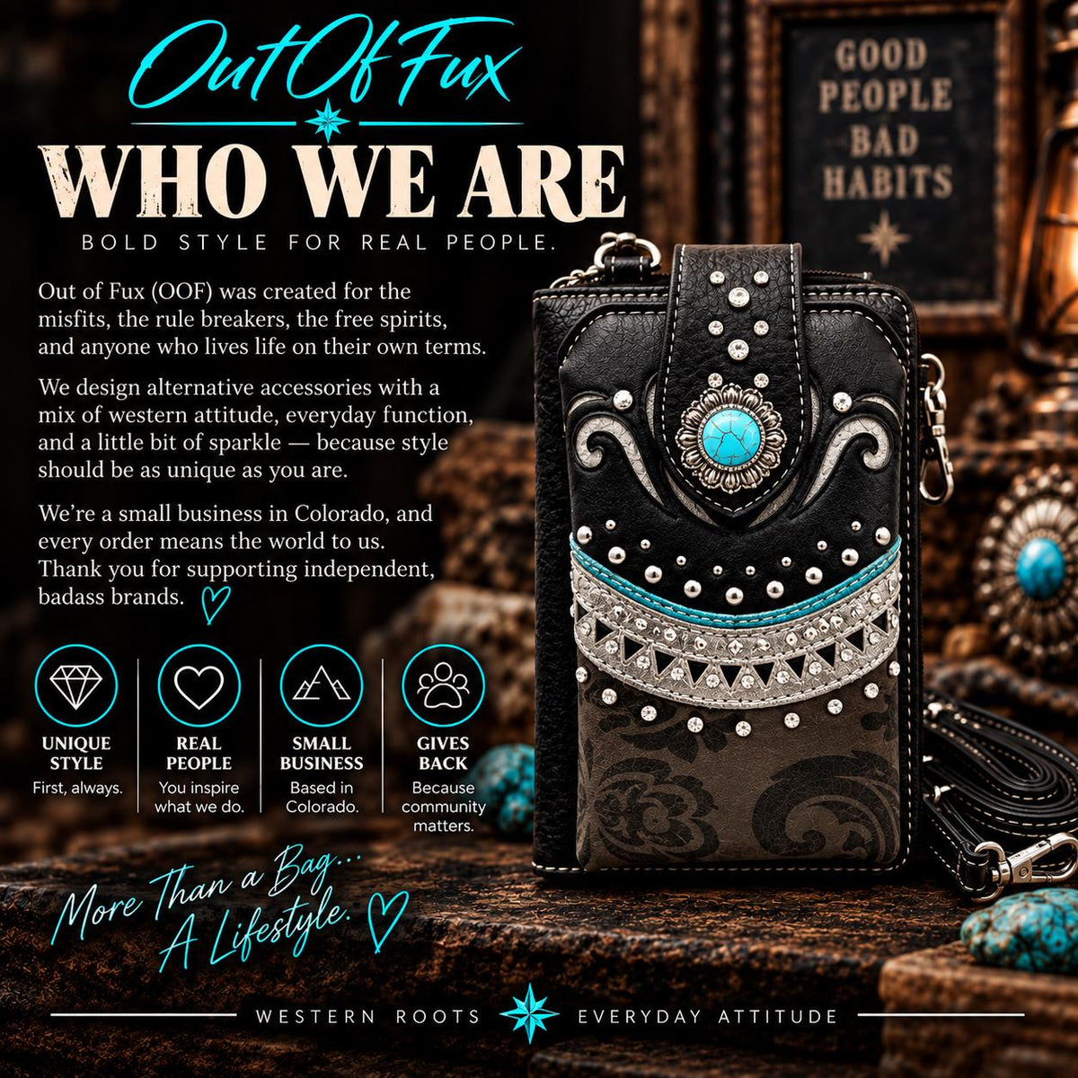 Western Phone Wallet Crossbody – Black Turquoise Cowgirl Bag