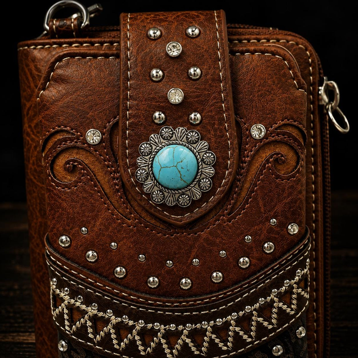 Brown Western Phone Crossbody Bag with Turquoise Accent
