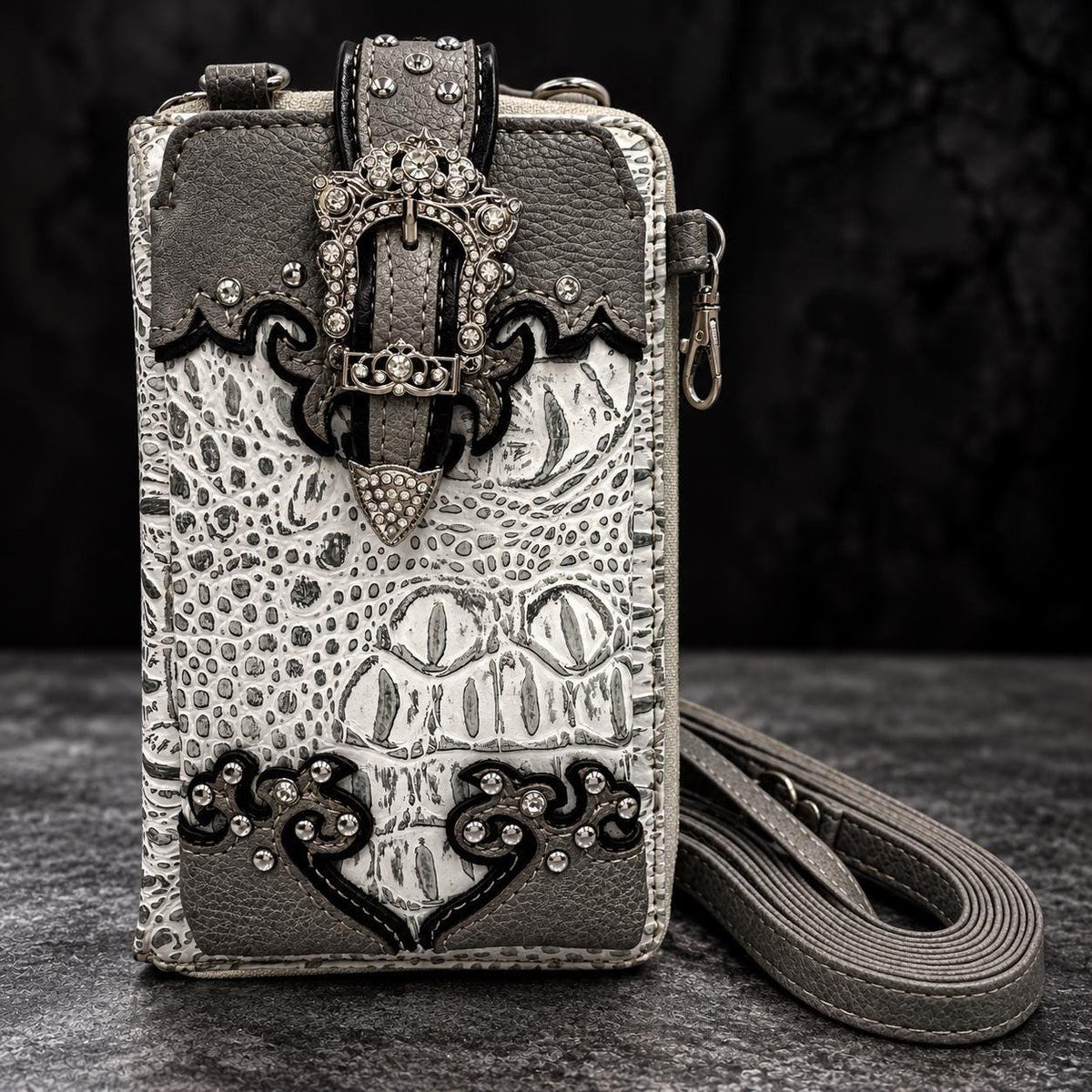 White and Gray Western Croc/Alligator Skin Style Phone Crossbody Wallet