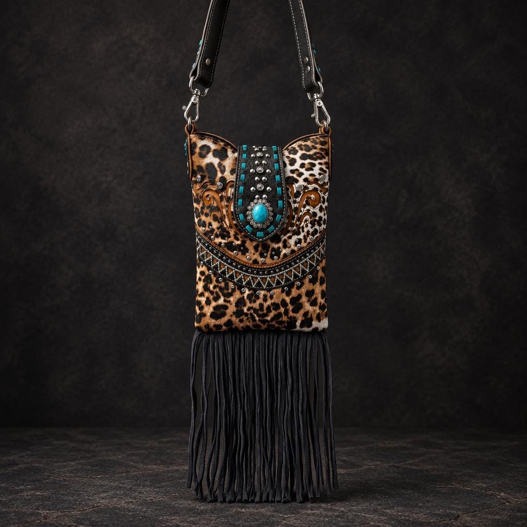 Leopard Western Fringe Phone Crossbody Bag