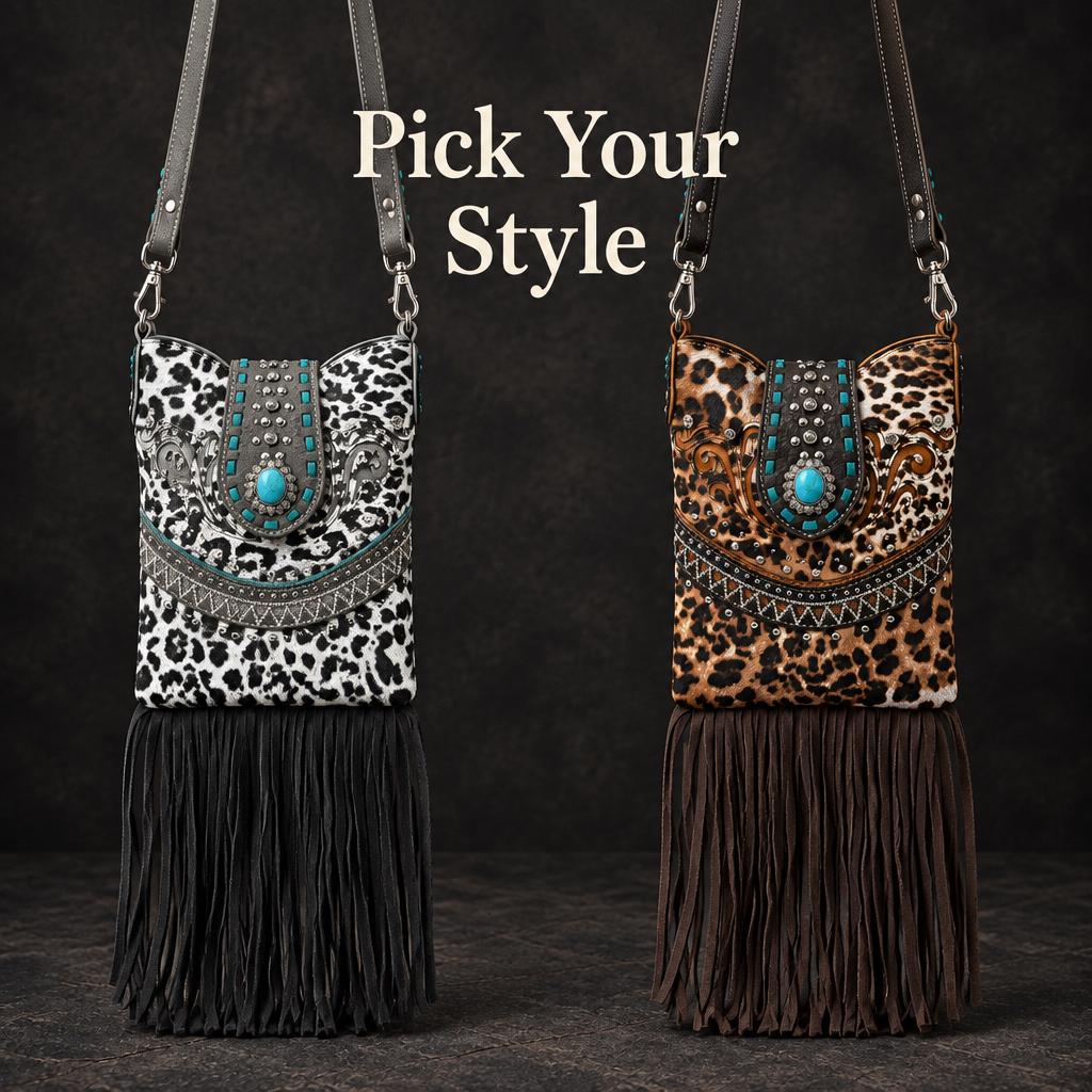 Leopard Western Fringe Phone Crossbody Bag