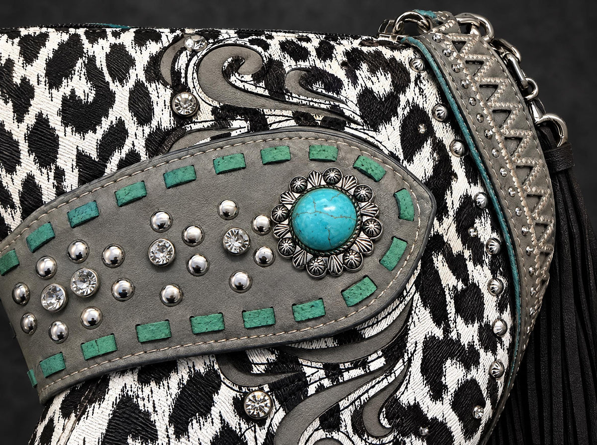 White Leopard Western Fringe Crossbody Bag