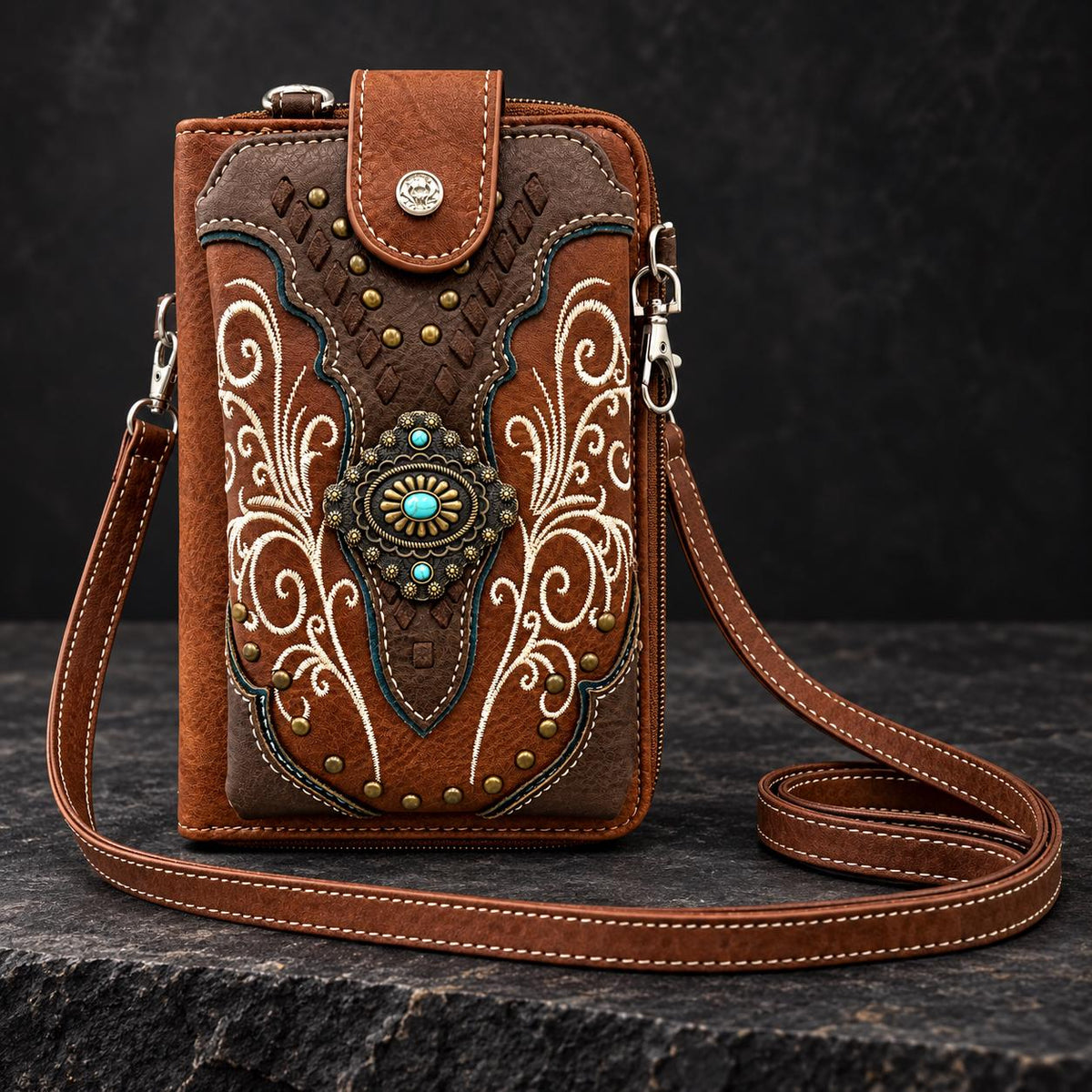 Brown Western Phone Wallet Crossbody with Turquoise Concho