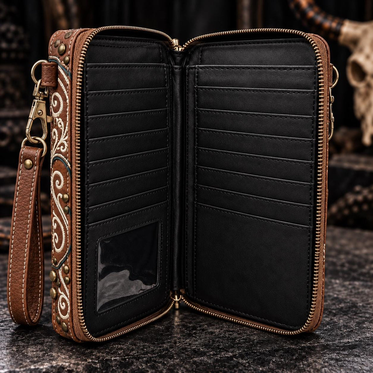 Brown Western Phone Wallet Crossbody with Turquoise Concho