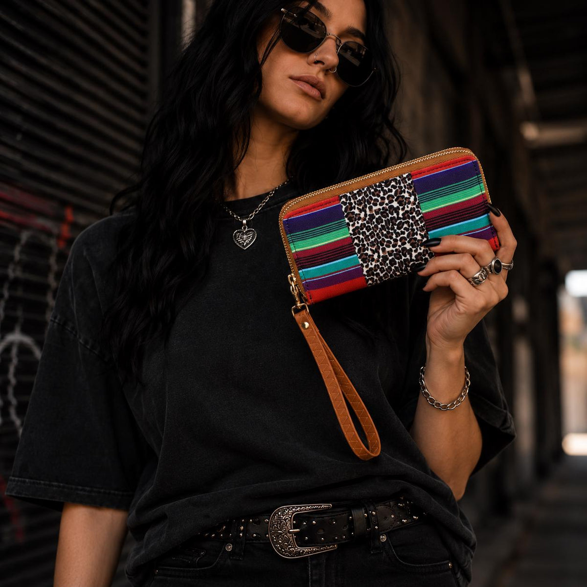 Serape Leopard Wristlet Wallet, Southwestern Zip Around Wallet