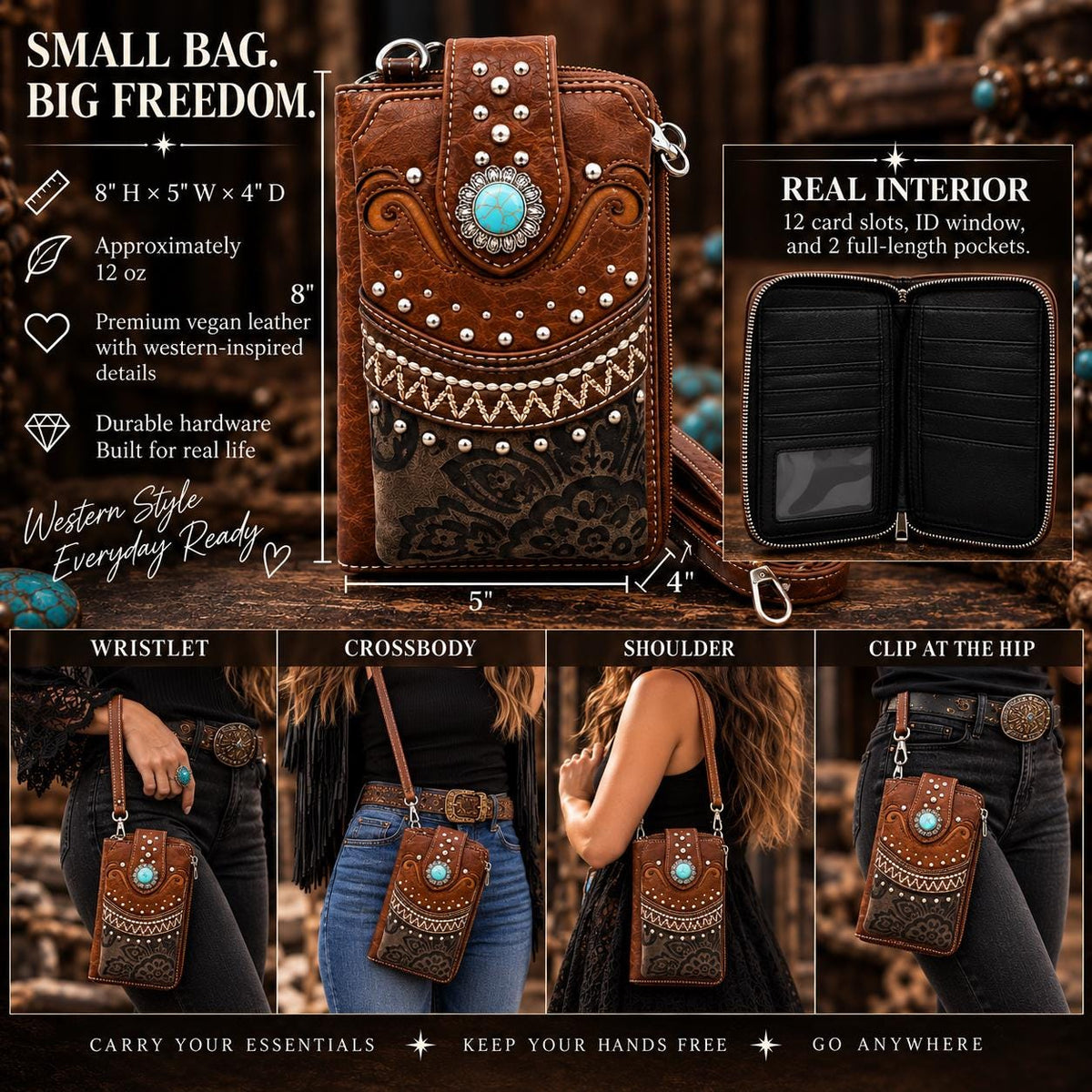 Brown Western Phone Crossbody Bag with Turquoise Accent
