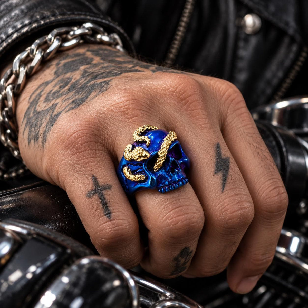 Blue Skull Snake Ring, 316L Stainless Steel Statement Ring, Gold Plated Snake, Sizes 9–13