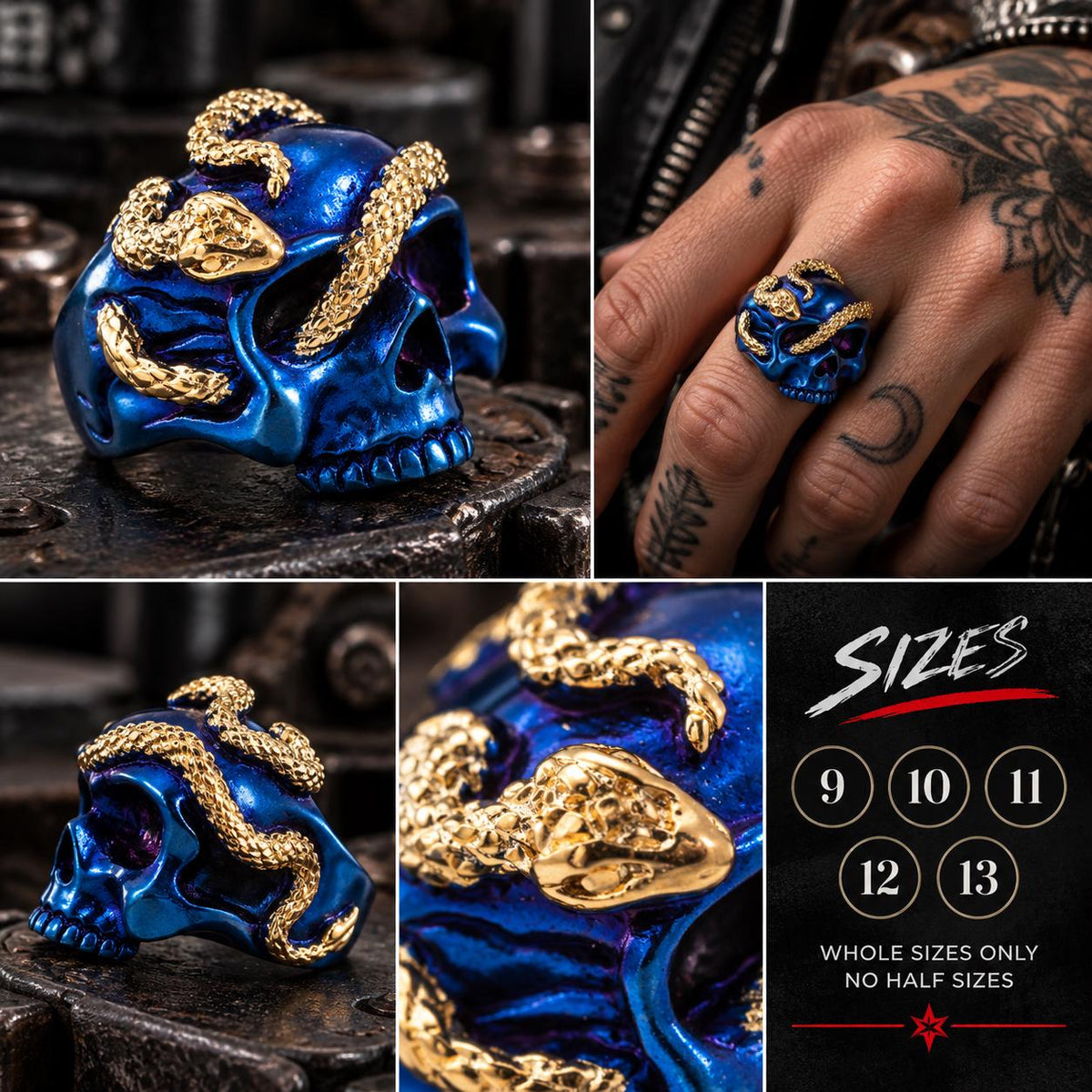 Blue Skull Snake Ring, 316L Stainless Steel Statement Ring, Gold Plated Snake, Sizes 9–13