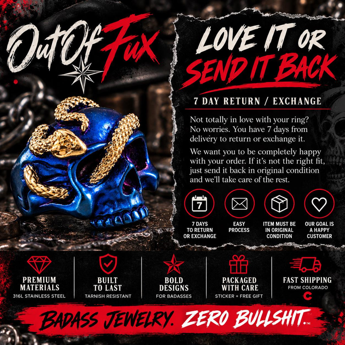 Blue Skull Snake Ring, 316L Stainless Steel Statement Ring, Gold Plated Snake, Sizes 9–13