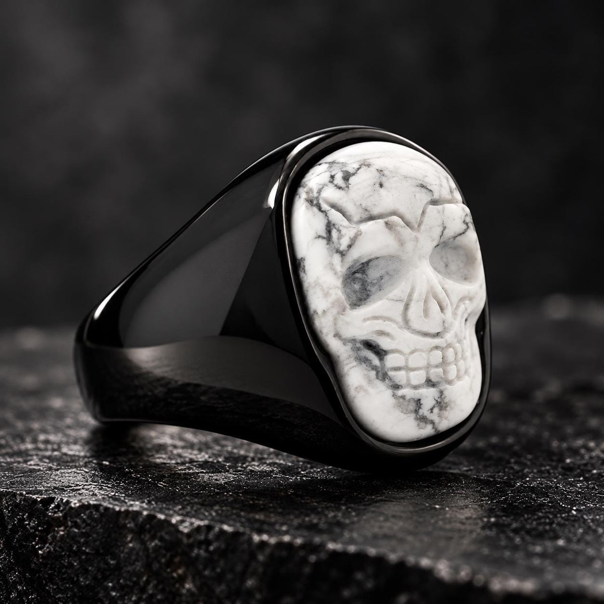 Howlite Skull Ring, Black Stainless Steel Skull Ring, Genuine Howlite Statement Ring, Sizes 9–13