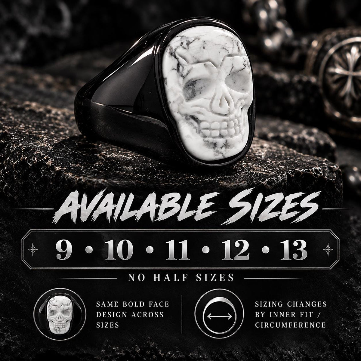 Howlite Skull Ring, Black Stainless Steel Skull Ring, Genuine Howlite Statement Ring, Sizes 9–13