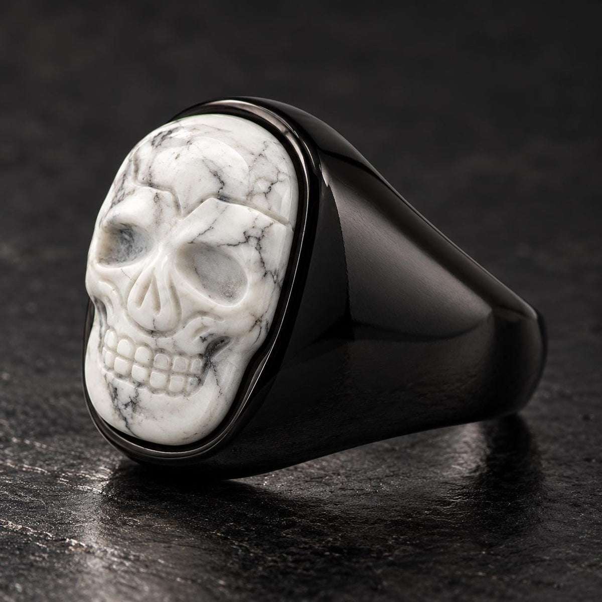 Howlite Skull Ring, Black Stainless Steel Skull Ring, Genuine Howlite Statement Ring, Sizes 9–13