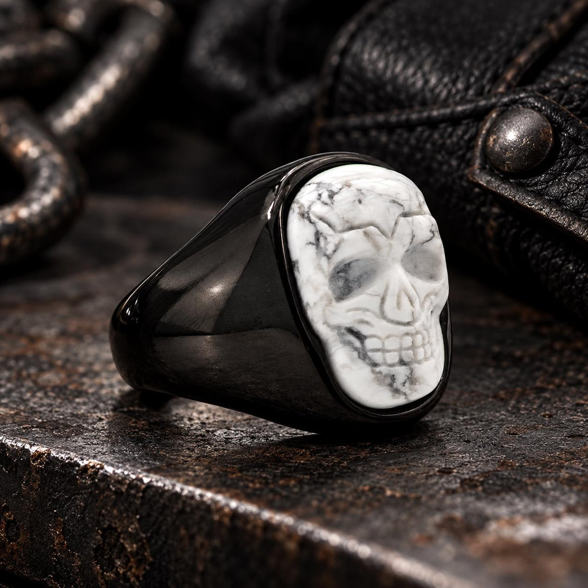 Howlite Skull Ring, Black Stainless Steel Skull Ring, Genuine Howlite Statement Ring, Sizes 9–13