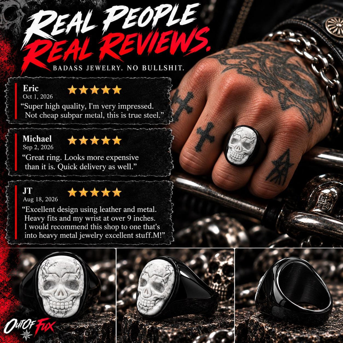 Howlite Skull Ring, Black Stainless Steel Skull Ring, Genuine Howlite Statement Ring, Sizes 9–13