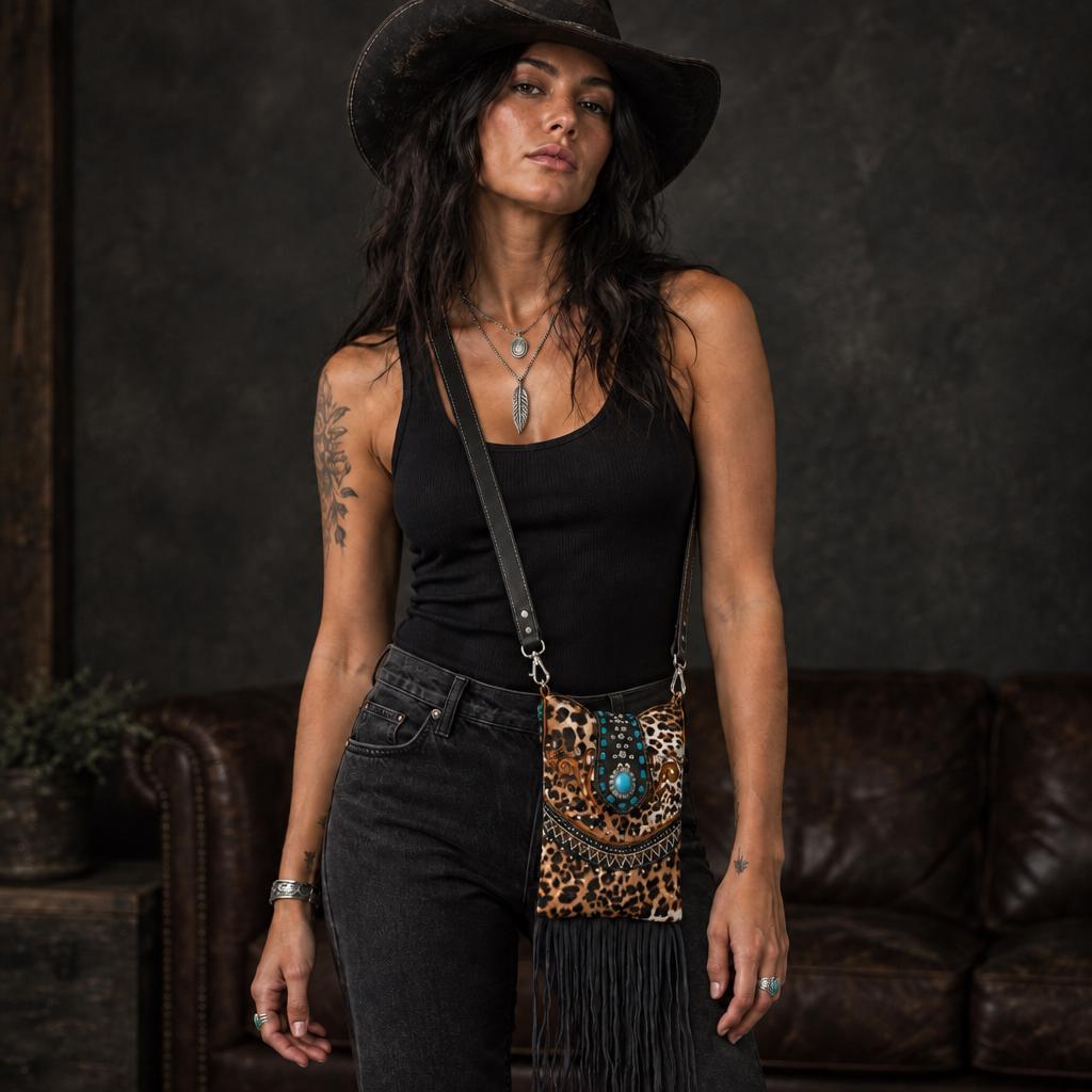 Leopard Western Fringe Phone Crossbody Bag