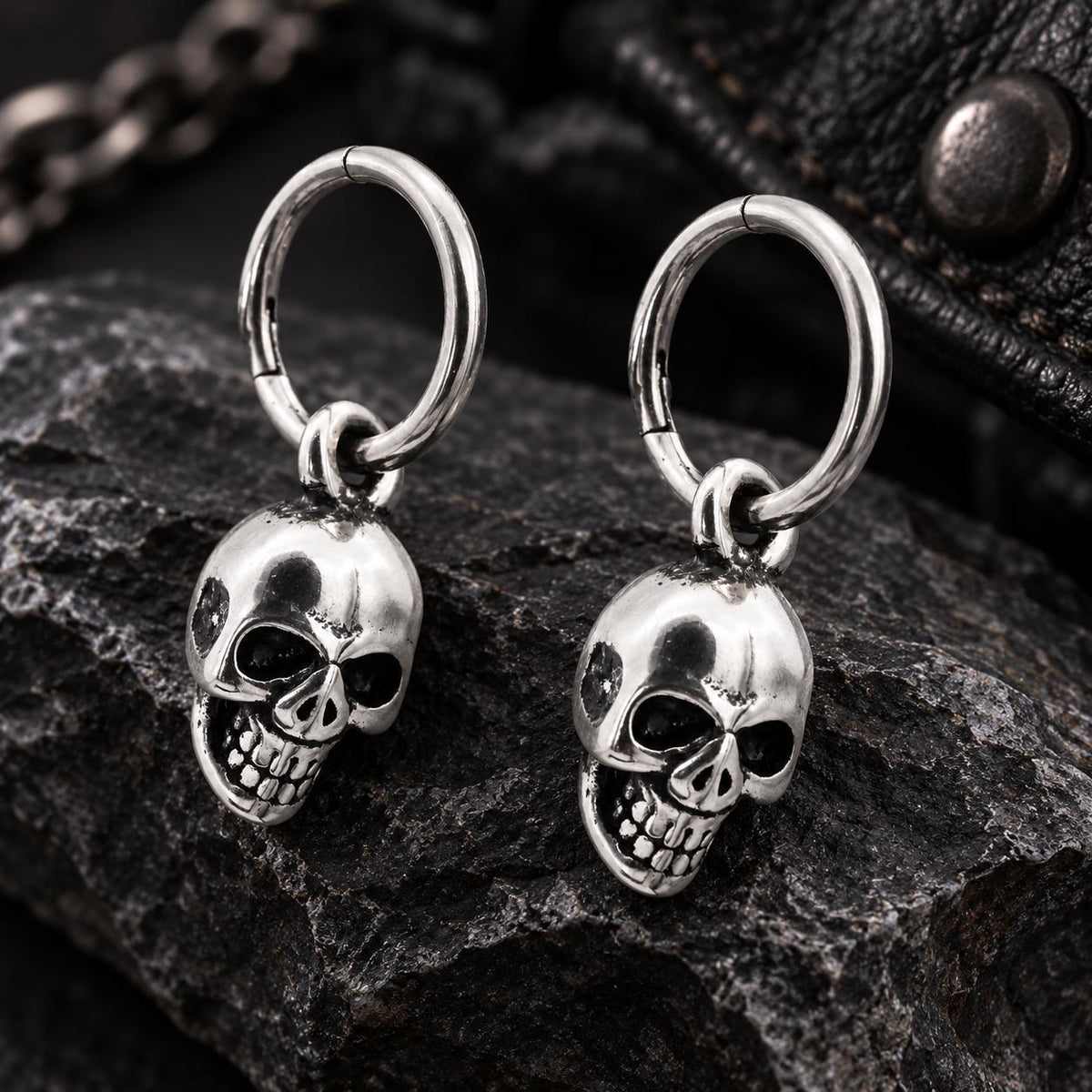 Skull Hoop Earrings, Stainless Steel Huggie Earrings, Gothic Skull Dangle Earrings, Biker Jewelry Gift