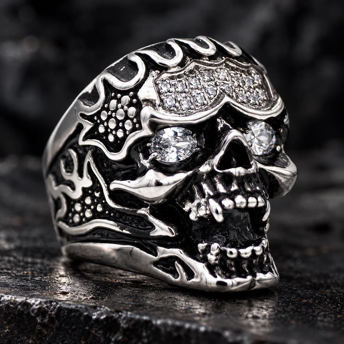 Skull Flame Ring, 316L Stainless Steel Biker Ring, CZ Skull Statement Ring, Gothic Rocker Jewelry, Sizes 9–13