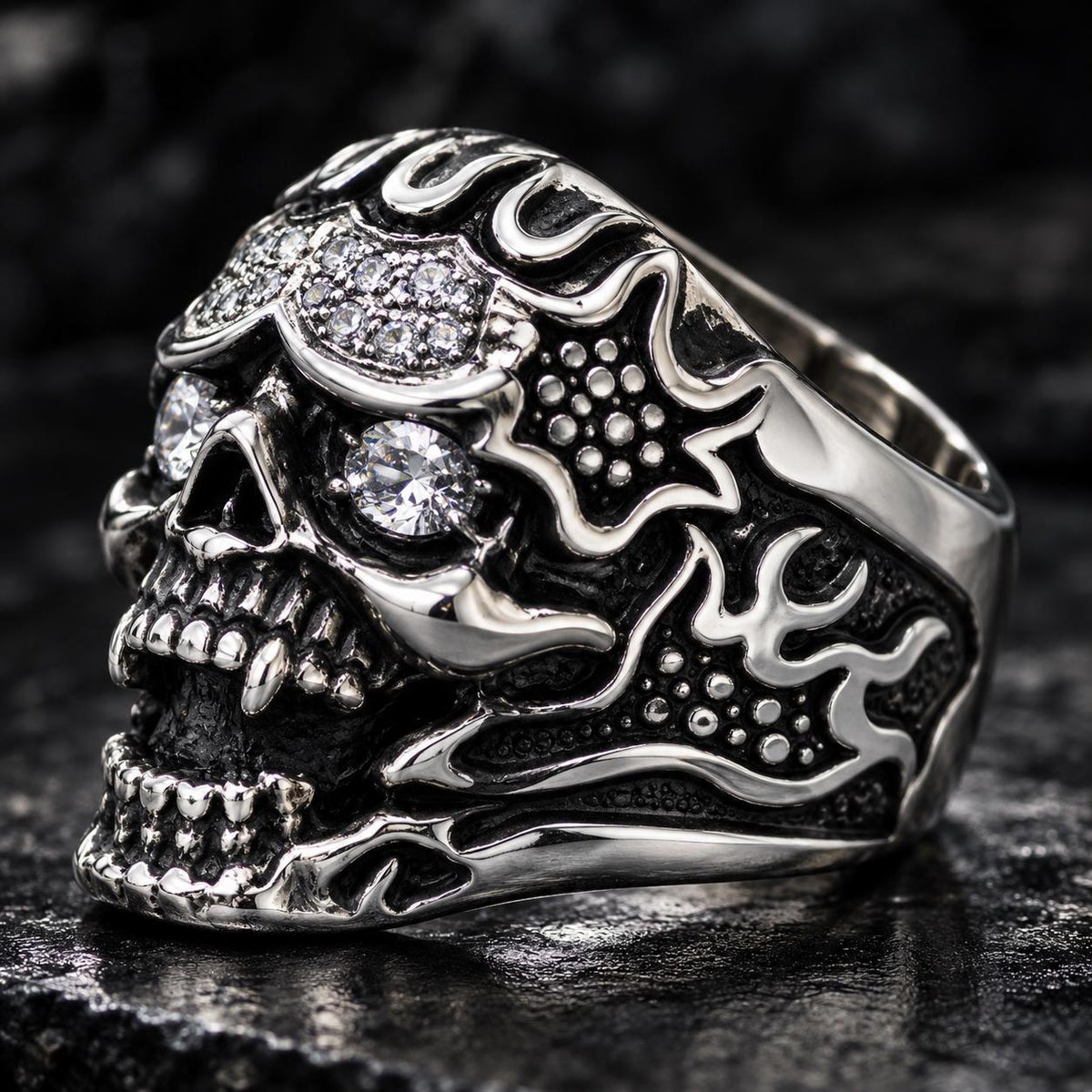 Skull Flame Ring, 316L Stainless Steel Biker Ring, CZ Skull Statement Ring, Gothic Rocker Jewelry, Sizes 9β13