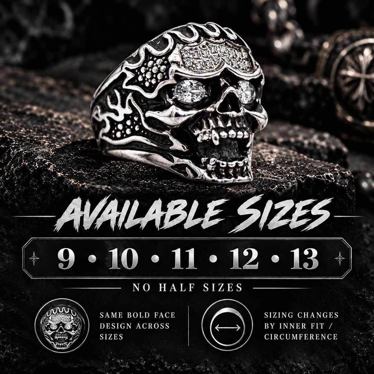 Skull Flame Ring, 316L Stainless Steel Biker Ring, CZ Skull Statement Ring, Gothic Rocker Jewelry, Sizes 9β13