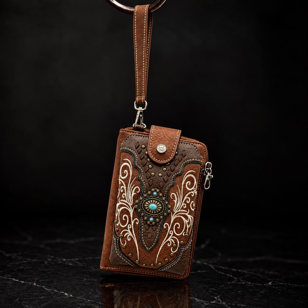 Brown Western Phone Wallet Crossbody with Turquoise Concho
