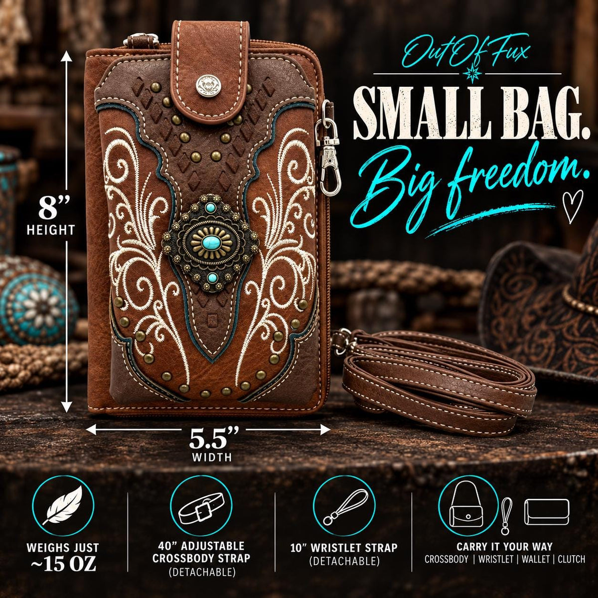 Brown Western Phone Wallet Crossbody with Turquoise Concho