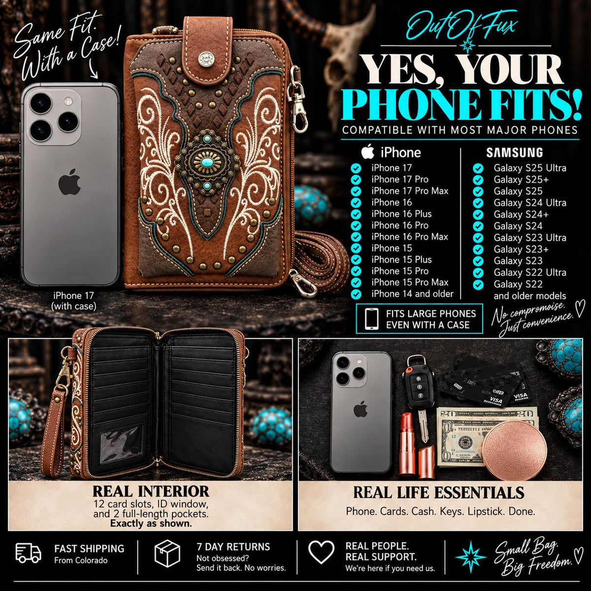 Brown Western Phone Wallet Crossbody with Turquoise Concho
