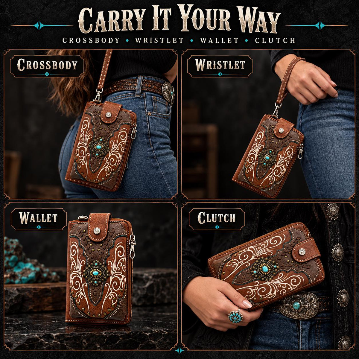 Brown Western Phone Wallet Crossbody with Turquoise Concho