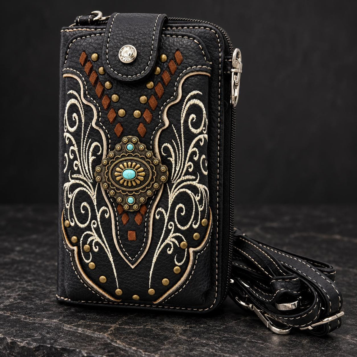 Black Western Phone Wallet Crossbody with Turquoise Concho