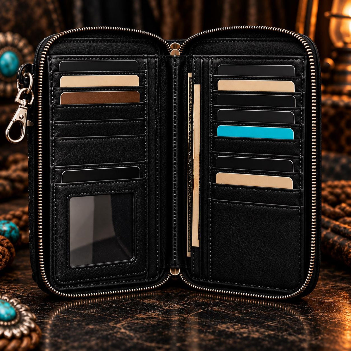 Black Western Phone Wallet Crossbody with Turquoise Concho