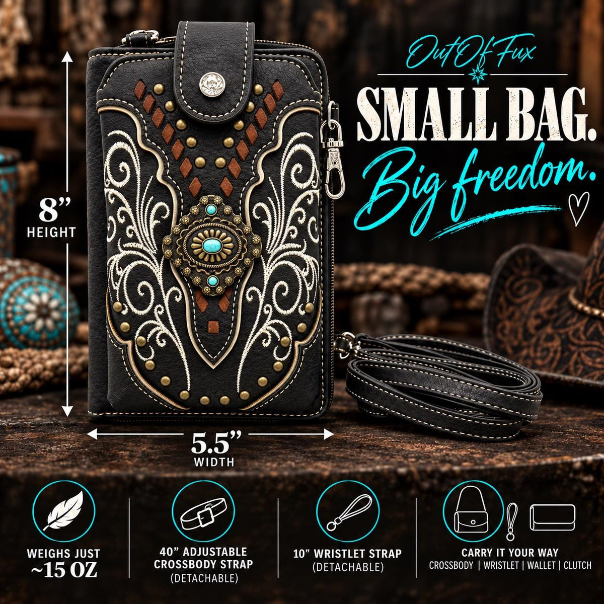 Black Western Phone Wallet Crossbody with Turquoise Concho