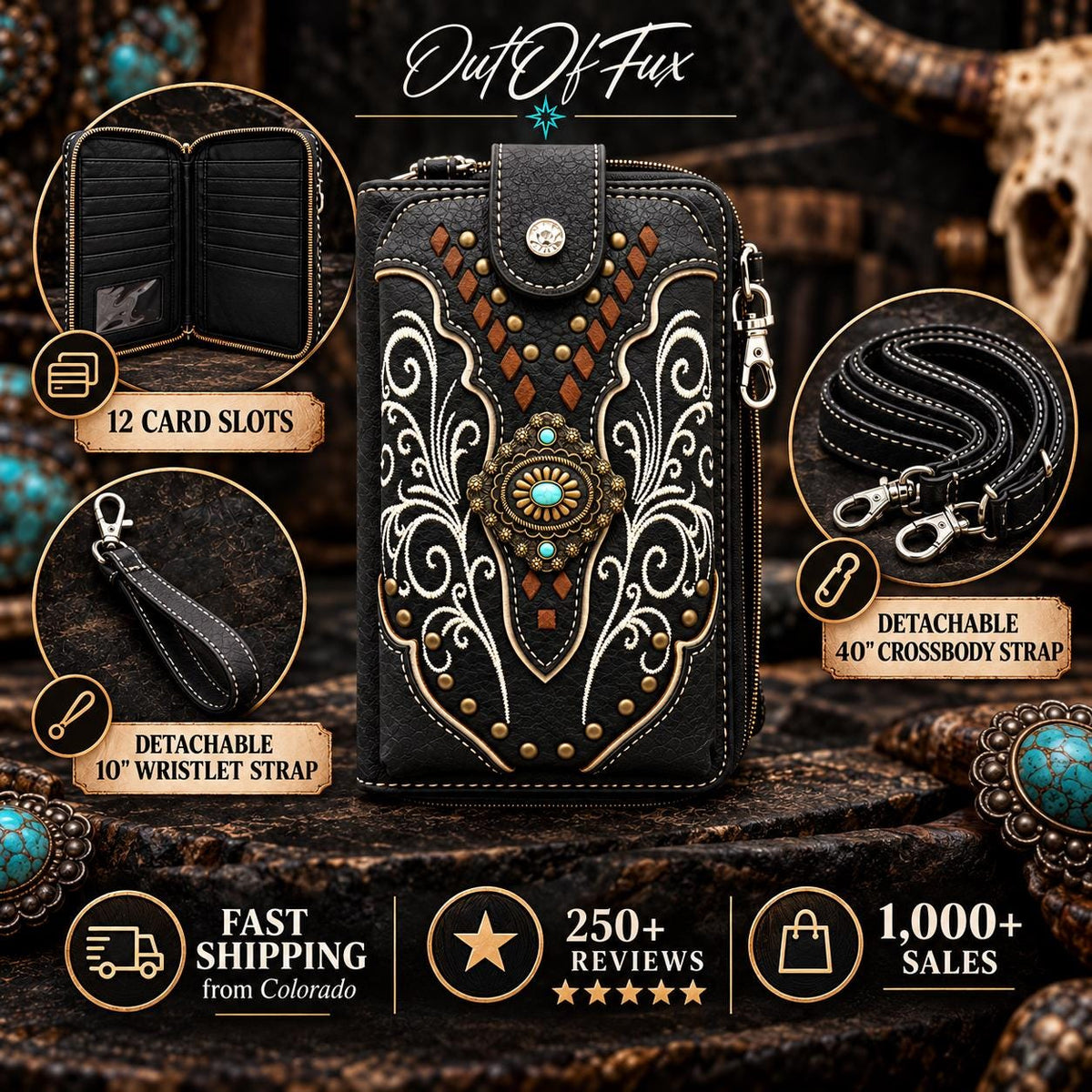 Black Western Phone Wallet Crossbody with Turquoise Concho