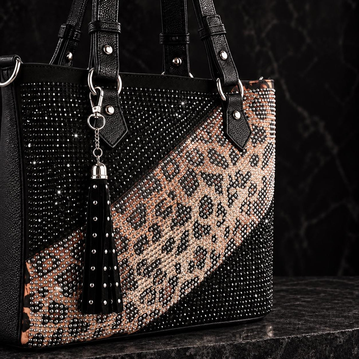 Leopard Rhinestone Purse and Wallet Set, Sparkly Tote Bag with Matching Zip Wallet, Glam Statement Handbag Set