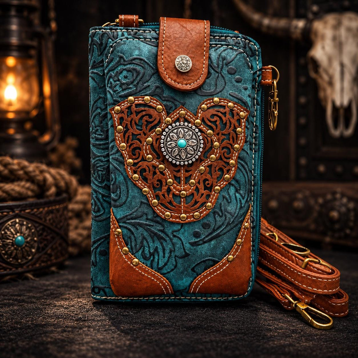 Turquoise Western Phone Crossbody, Tooled Leather Cowgirl Phone Bag