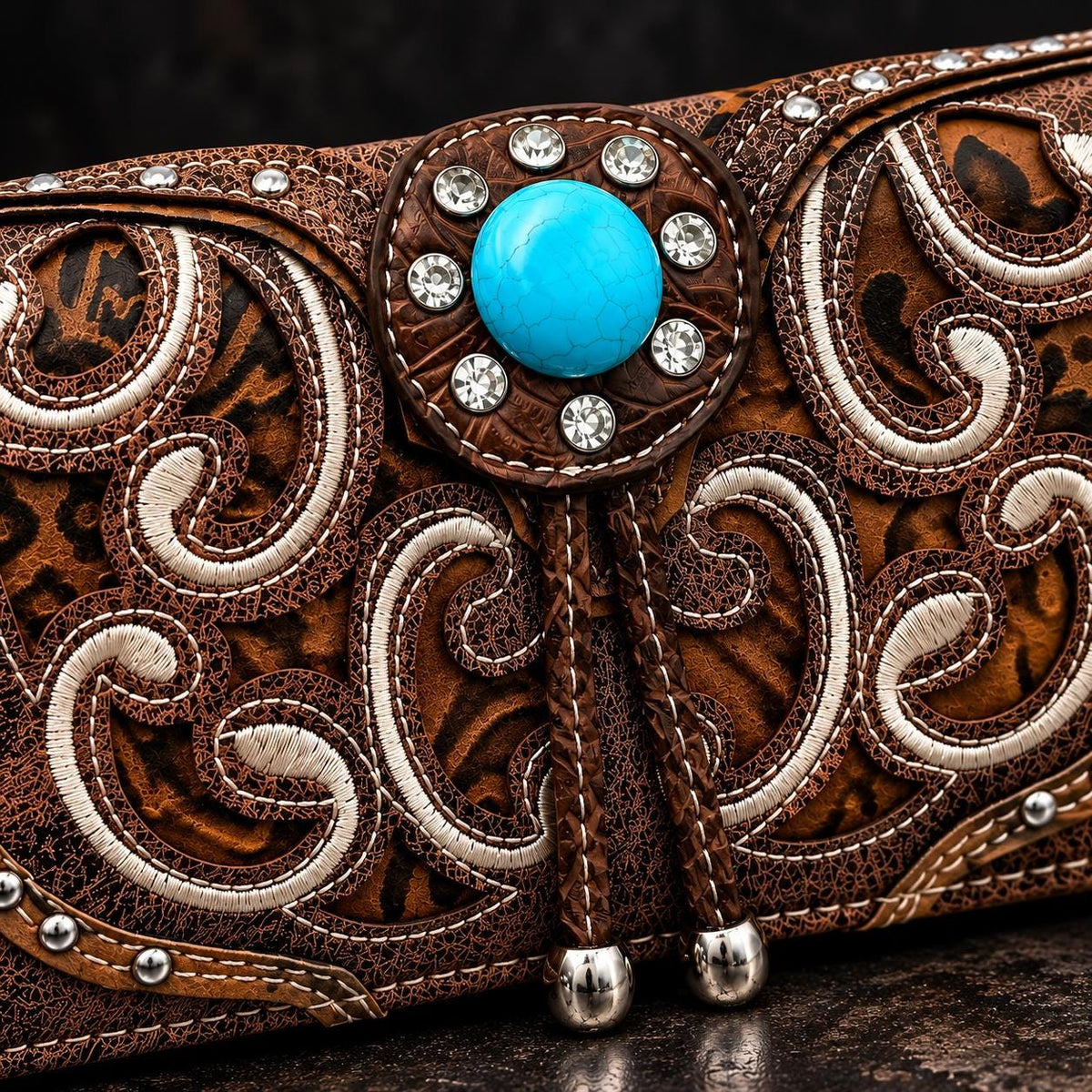 Western Turquoise Crossbody Wallet, Trifold Phone Wallet Purse, Brown Faux Leather Wristlet, Cowgirl Shoulder Bag