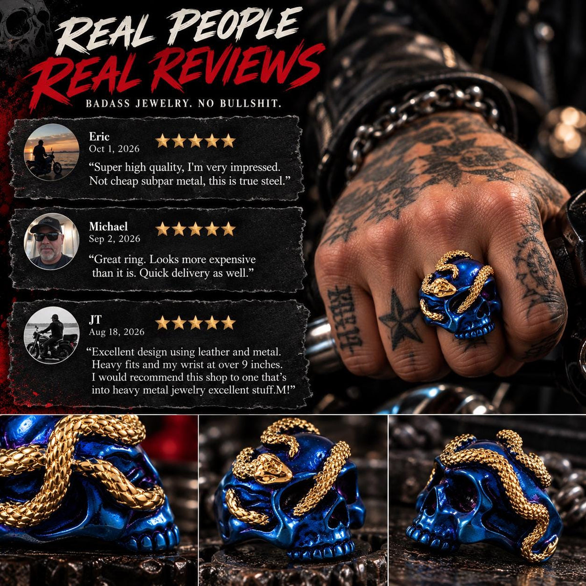 Blue Skull Snake Ring, 316L Stainless Steel Statement Ring, Gold Plated Snake, Sizes 9–13