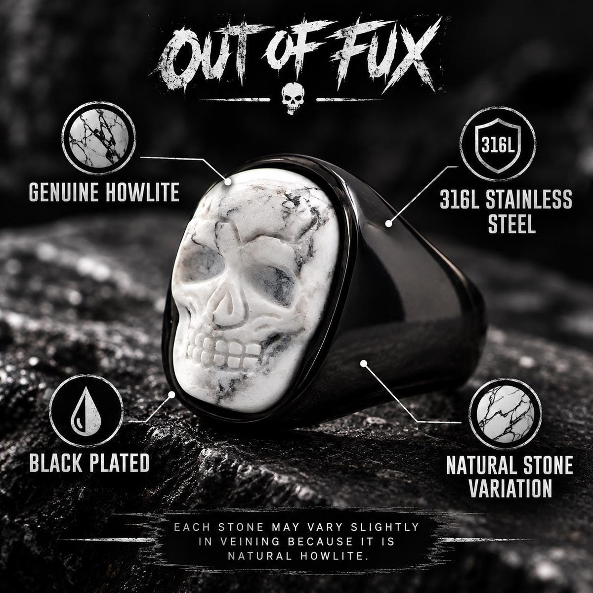 Howlite Skull Ring, Black Stainless Steel Skull Ring, Genuine Howlite Statement Ring, Sizes 9–13